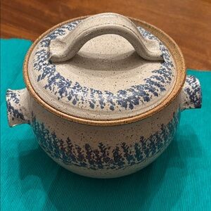 Handmade Speckled Blue and Cream Ceramic Pot with Lid.